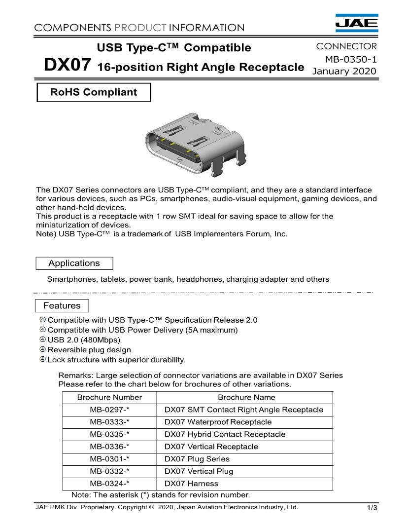 USB Type-C TM Compatible DX07 16-position Right Angle Receptacle