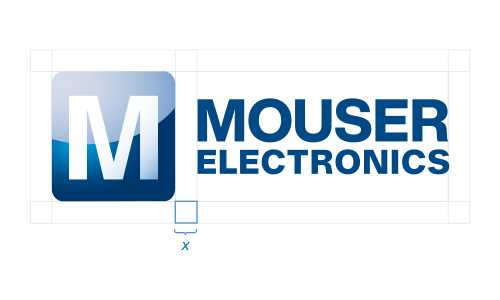 Mažiausias leistinas pagrindinio „Mouser“ logotipo dydis ir tarpai aplink jį
