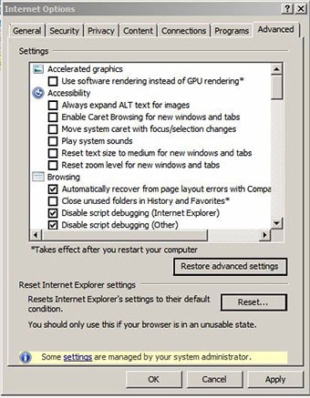 IE Advanced Settings Tab