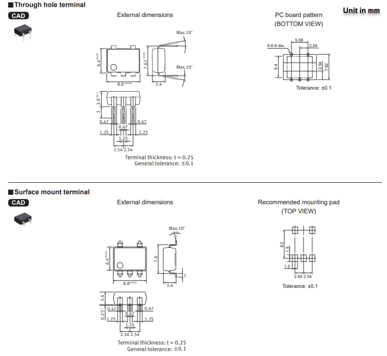 Mechanical Drawing - Panasonic Industrial Devices AQV258H5 PhotoMOS®