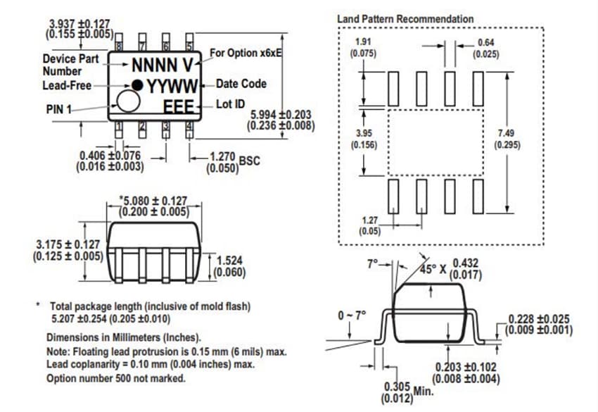 Mechanical Drawing - Broadcom ACPL-074N High-Speed Digital CMOS Optocouplers