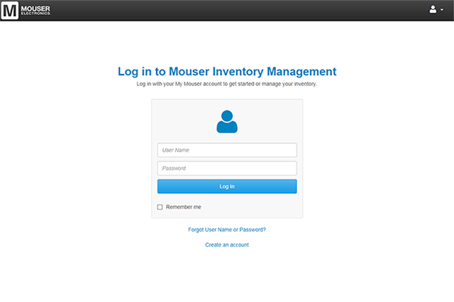 Log in screen Mouser inventory management